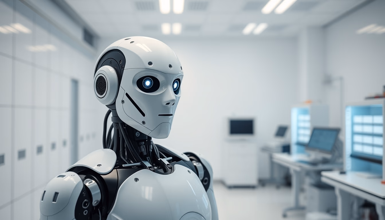 Robô humanoide in clean white lab em estilo editorial