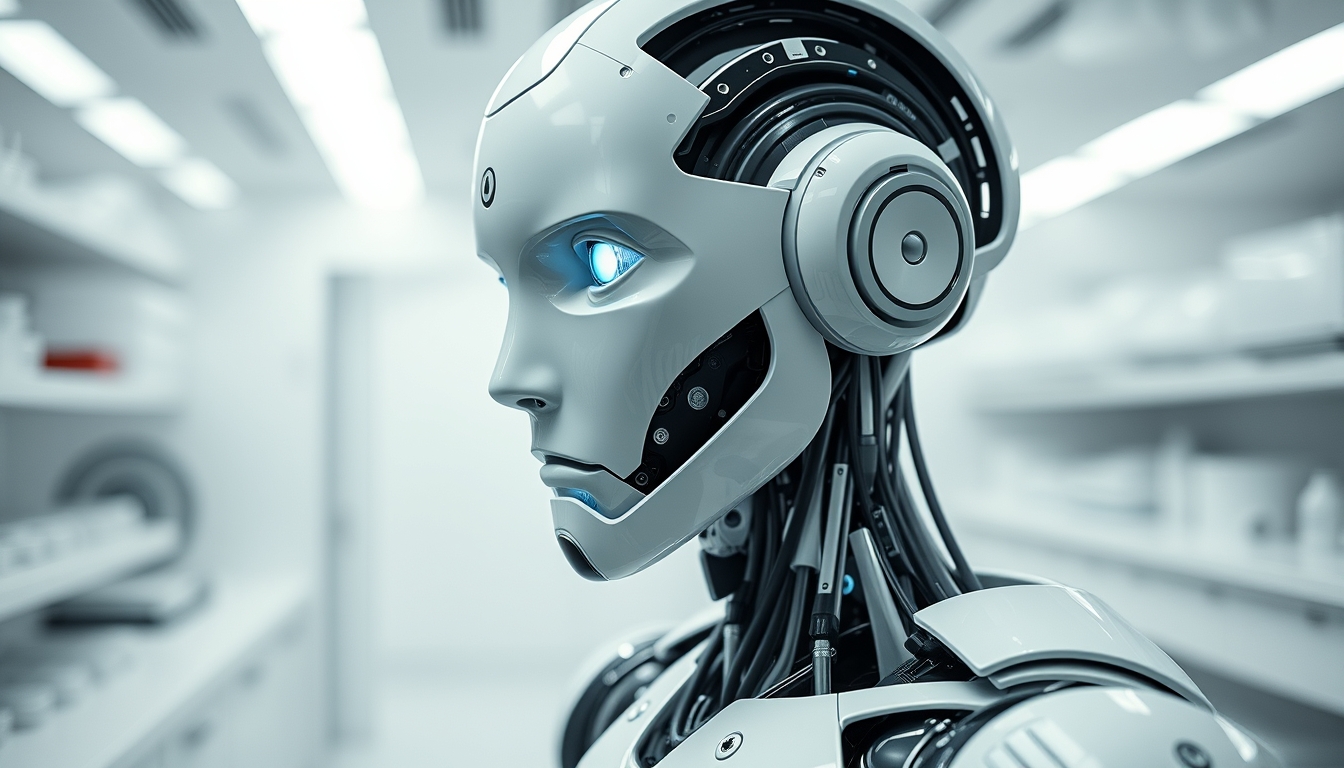 humanoid robot in clean white lab in editorial style