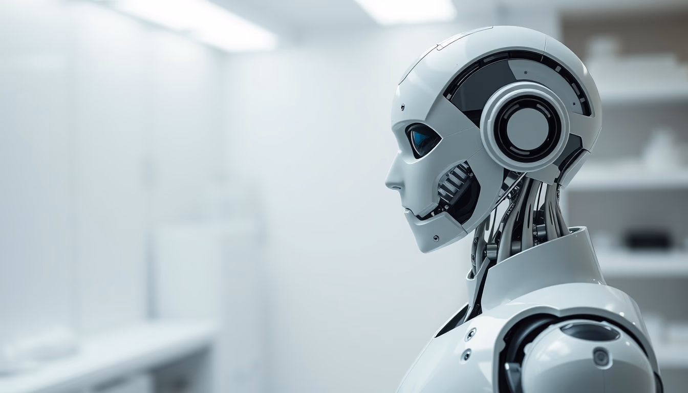 Robô humanoide in clean white lab em estilo editorial