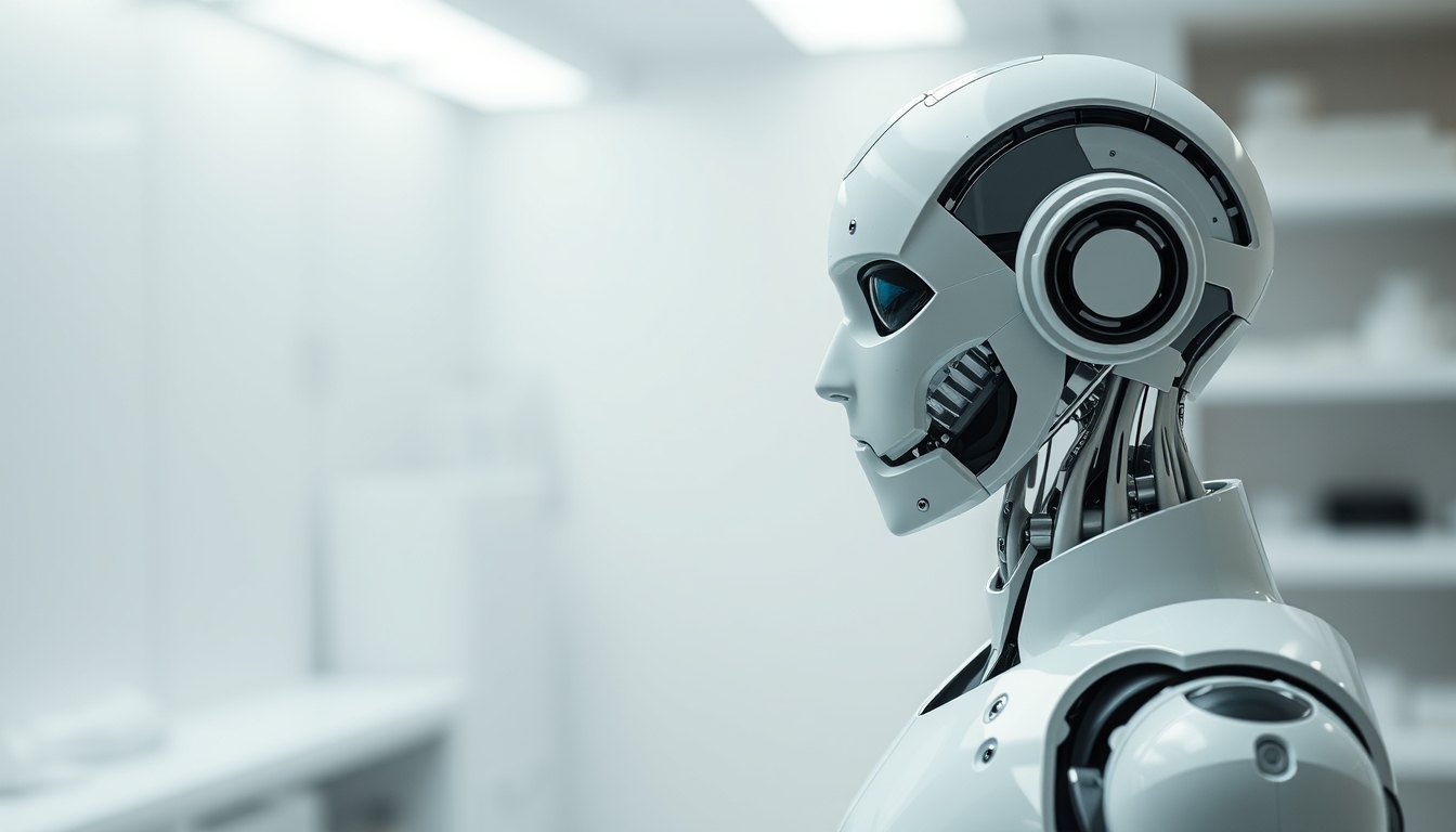 humanoid robot in clean white lab in editorial style