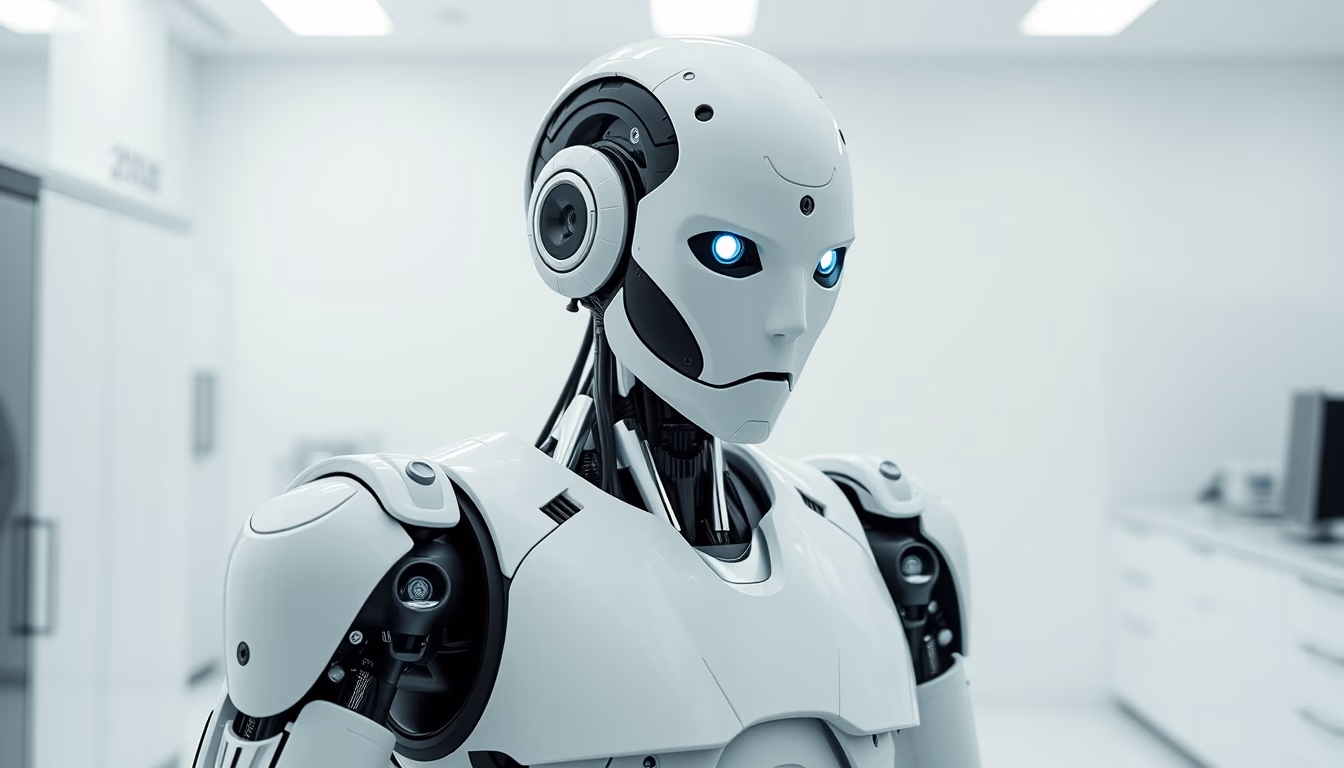 Robô humanoide in clean white lab em estilo editorial