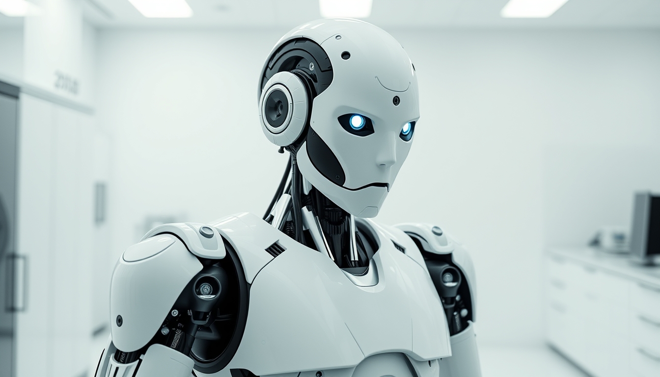 humanoid robot in clean white lab in editorial style
