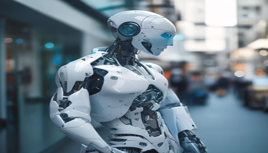 humanoid robot in clean white lab in editorial style