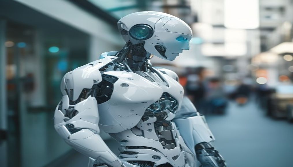 humanoid robot in clean white lab in editorial style