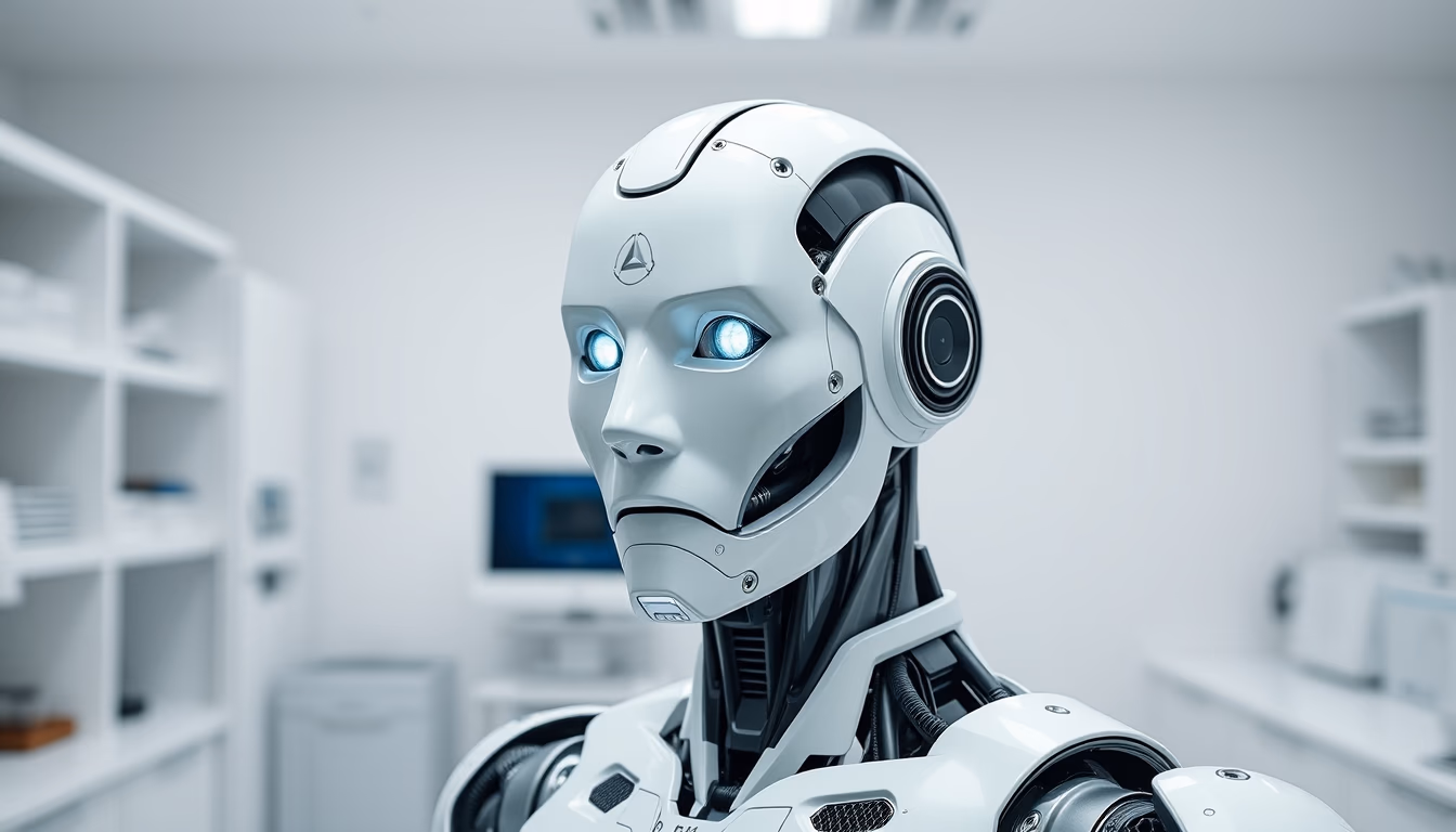 Robô humanoide in clean white lab em estilo editorial