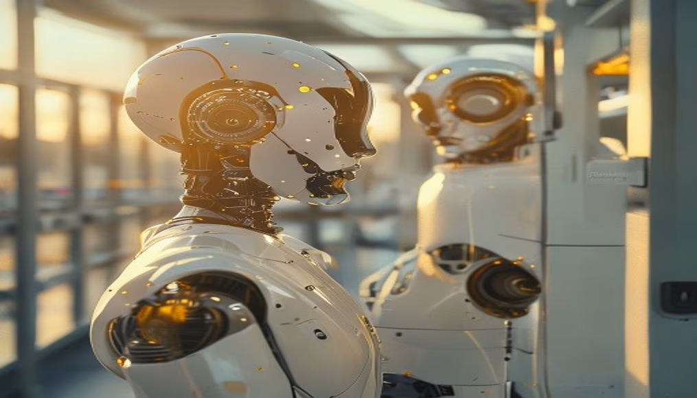 humanoid robot in clean white lab in editorial style