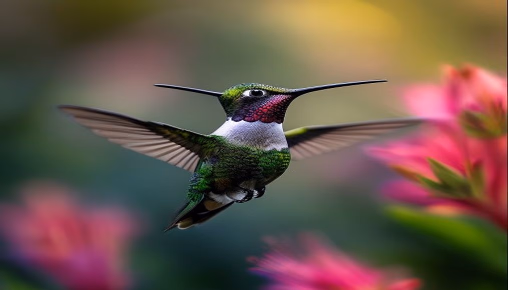hummingbird hovering flower in editorial style