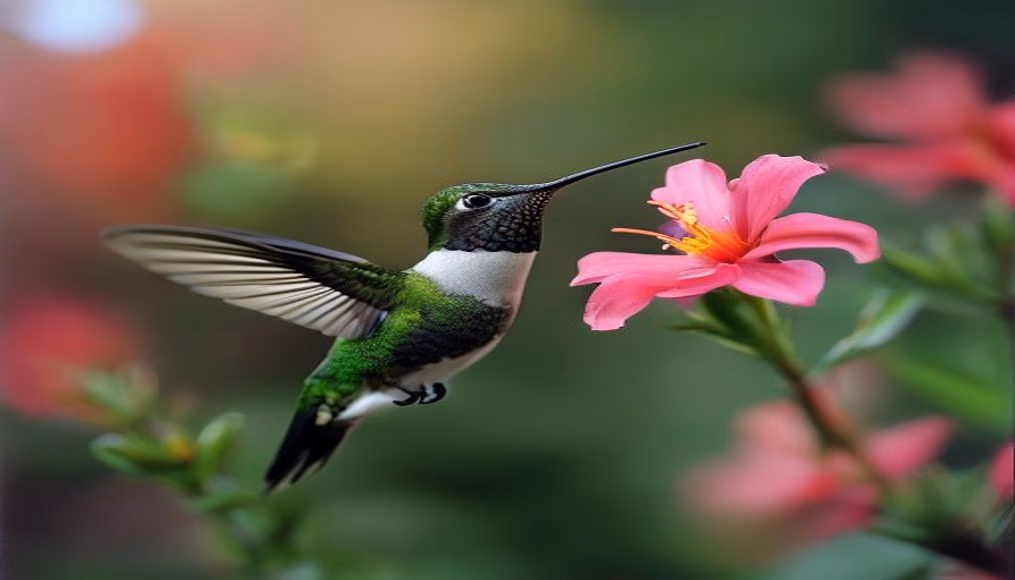 hummingbird hovering flower in editorial style