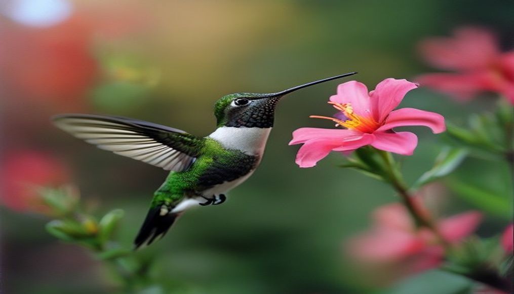 hummingbird hovering flower in editorial style