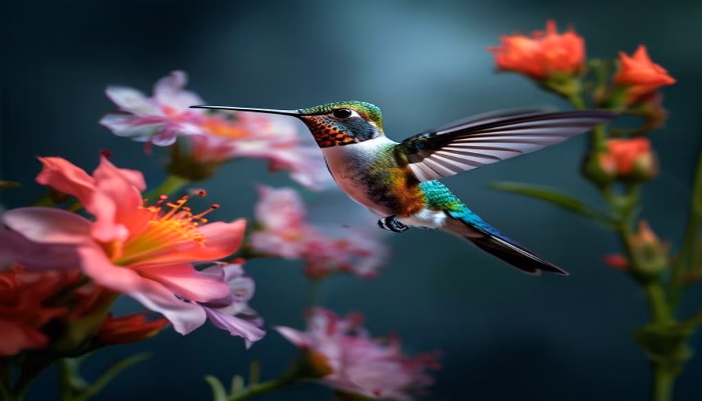 hummingbird hovering flower in editorial style
