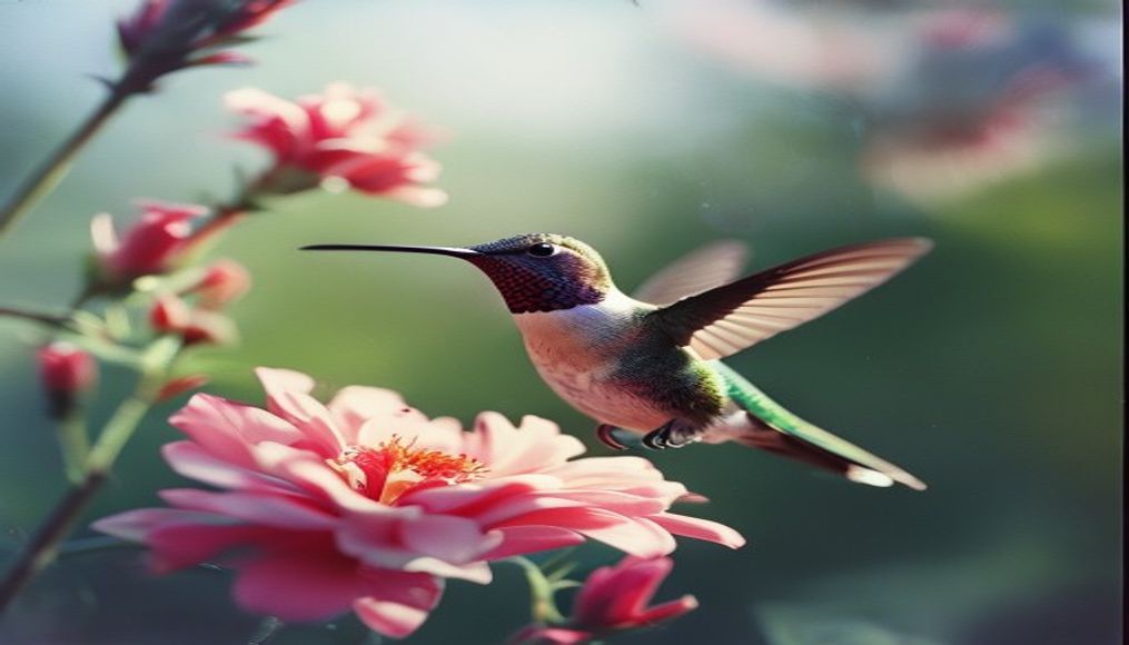 hummingbird hovering flower in editorial style