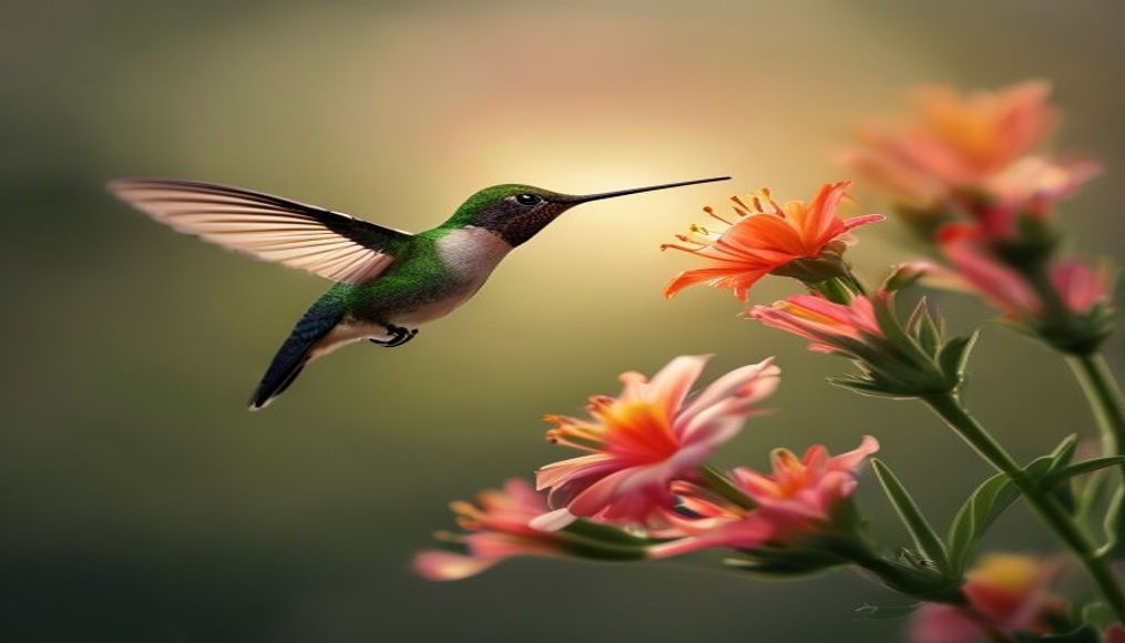 hummingbird hovering flower in editorial style