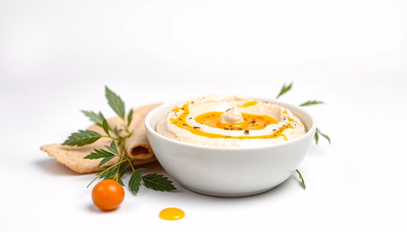 hummus pita olive oil in editorial style