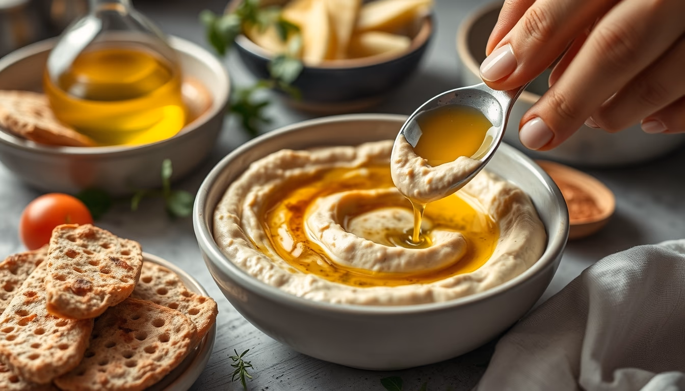 hummus pita olive oil in editorial style