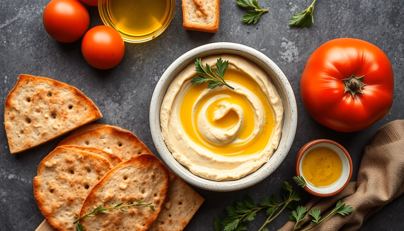 hummus pita olive oil in editorial style