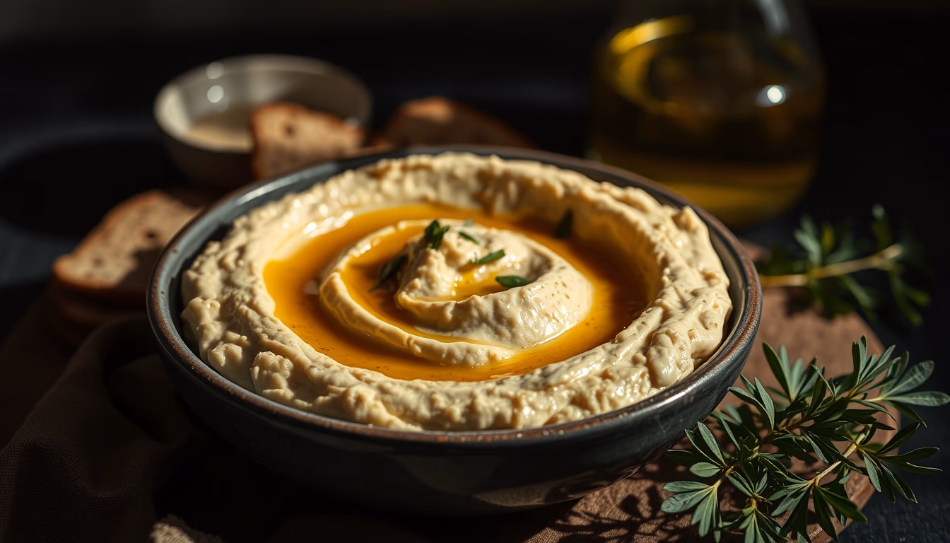 hummus pita olive oil in editorial style