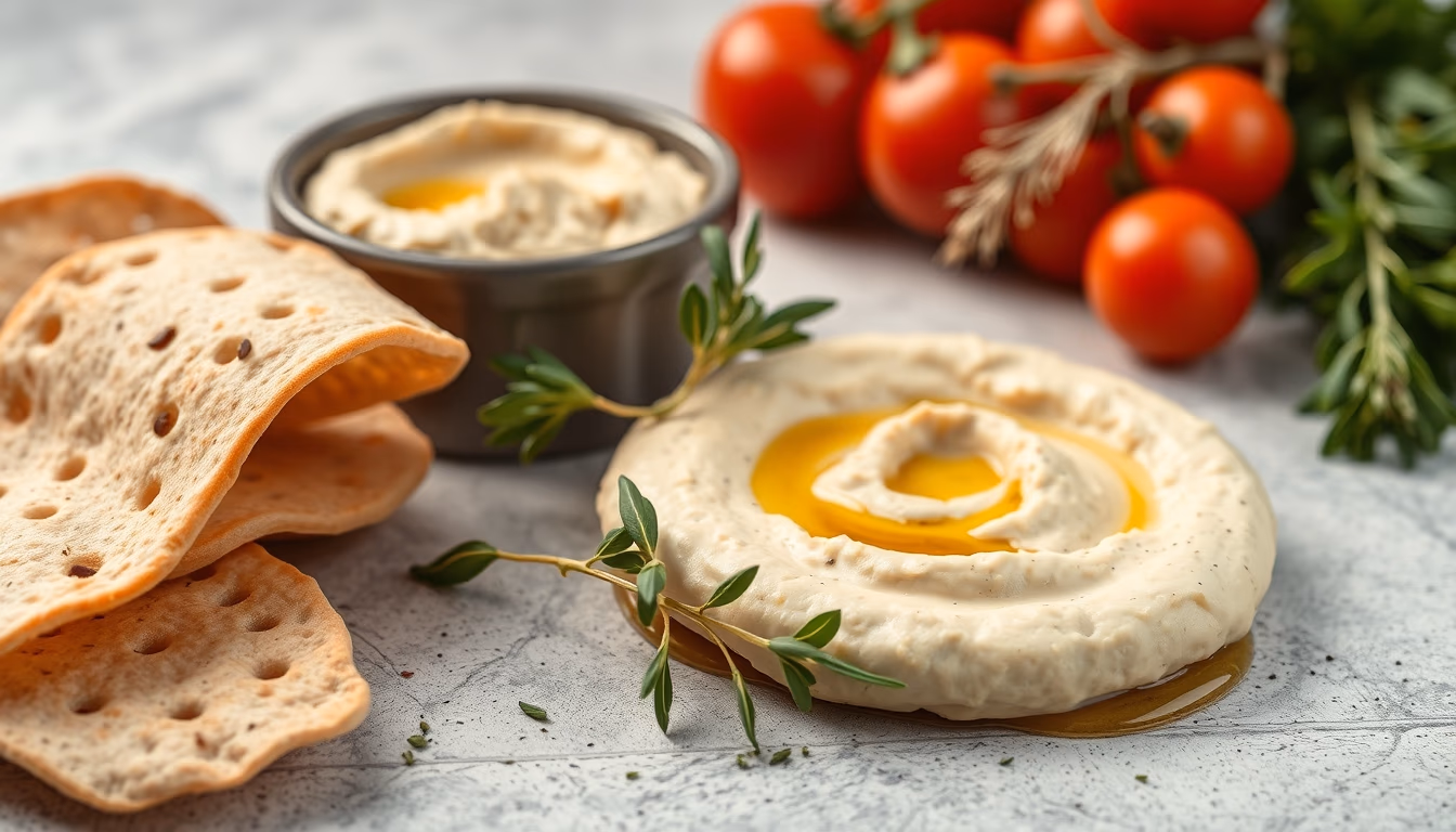 hummus pita olive oil in editorial style