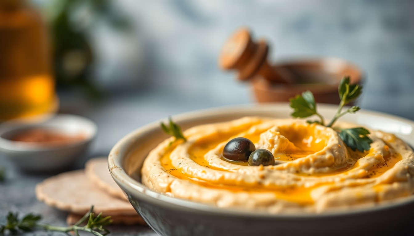 hummus pita olive oil in editorial style