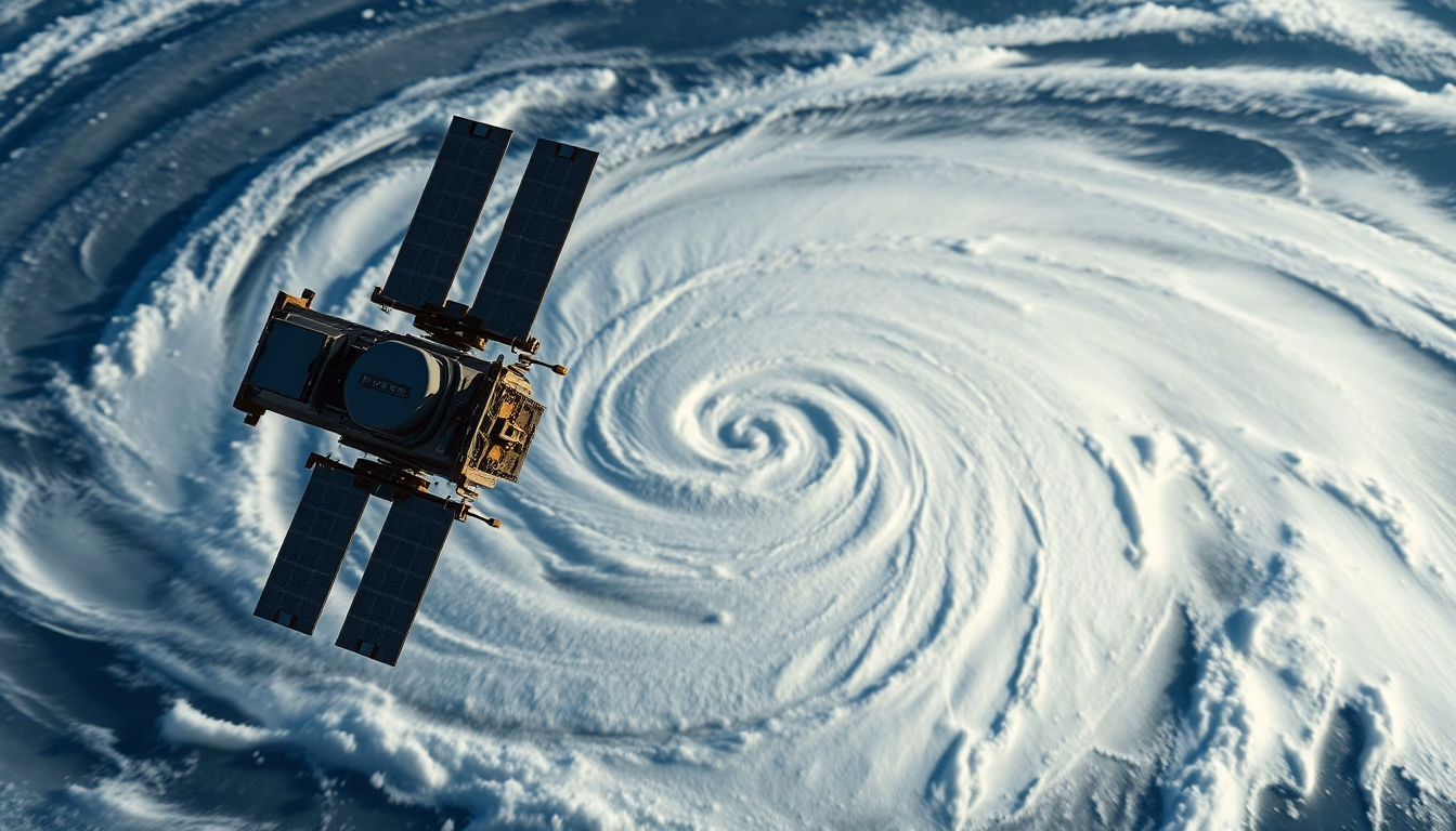 hurricane spiral satellite in editorial style