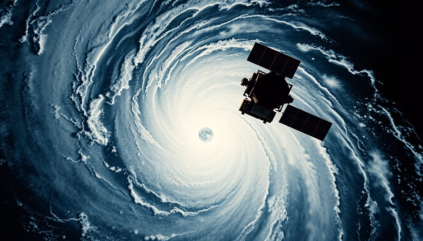 hurricane spiral satellite in editorial style