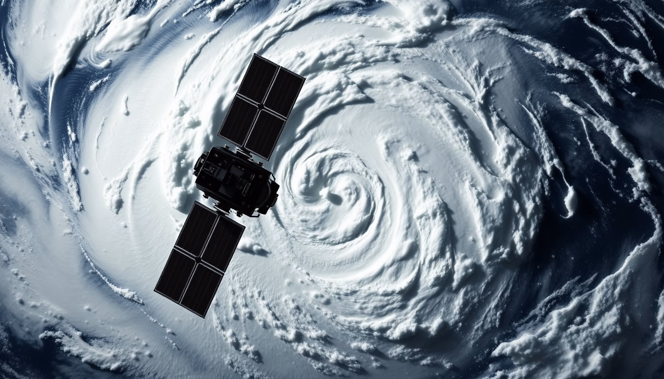 hurricane spiral satellite in editorial style