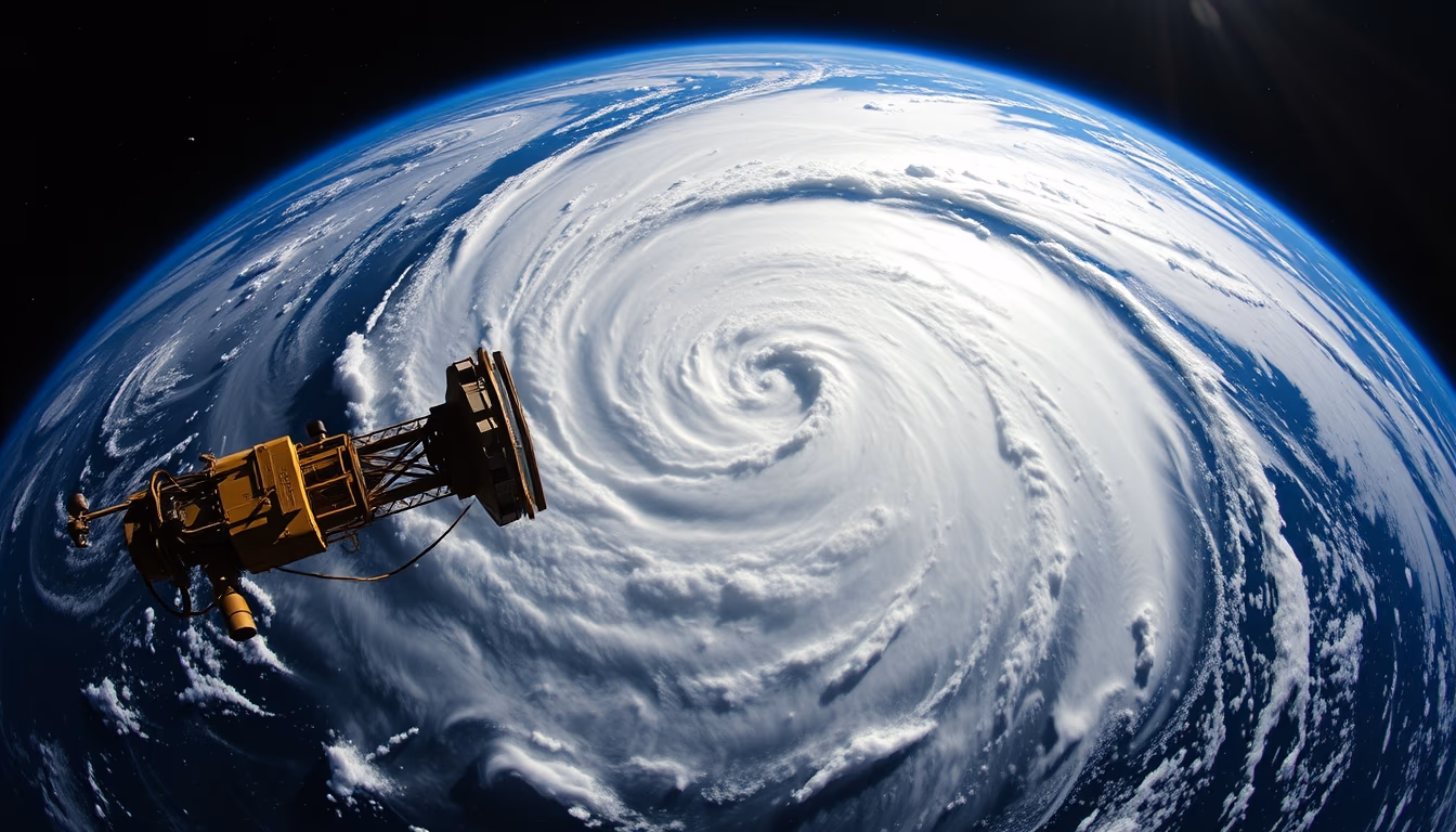 hurricane spiral satellite in editorial style