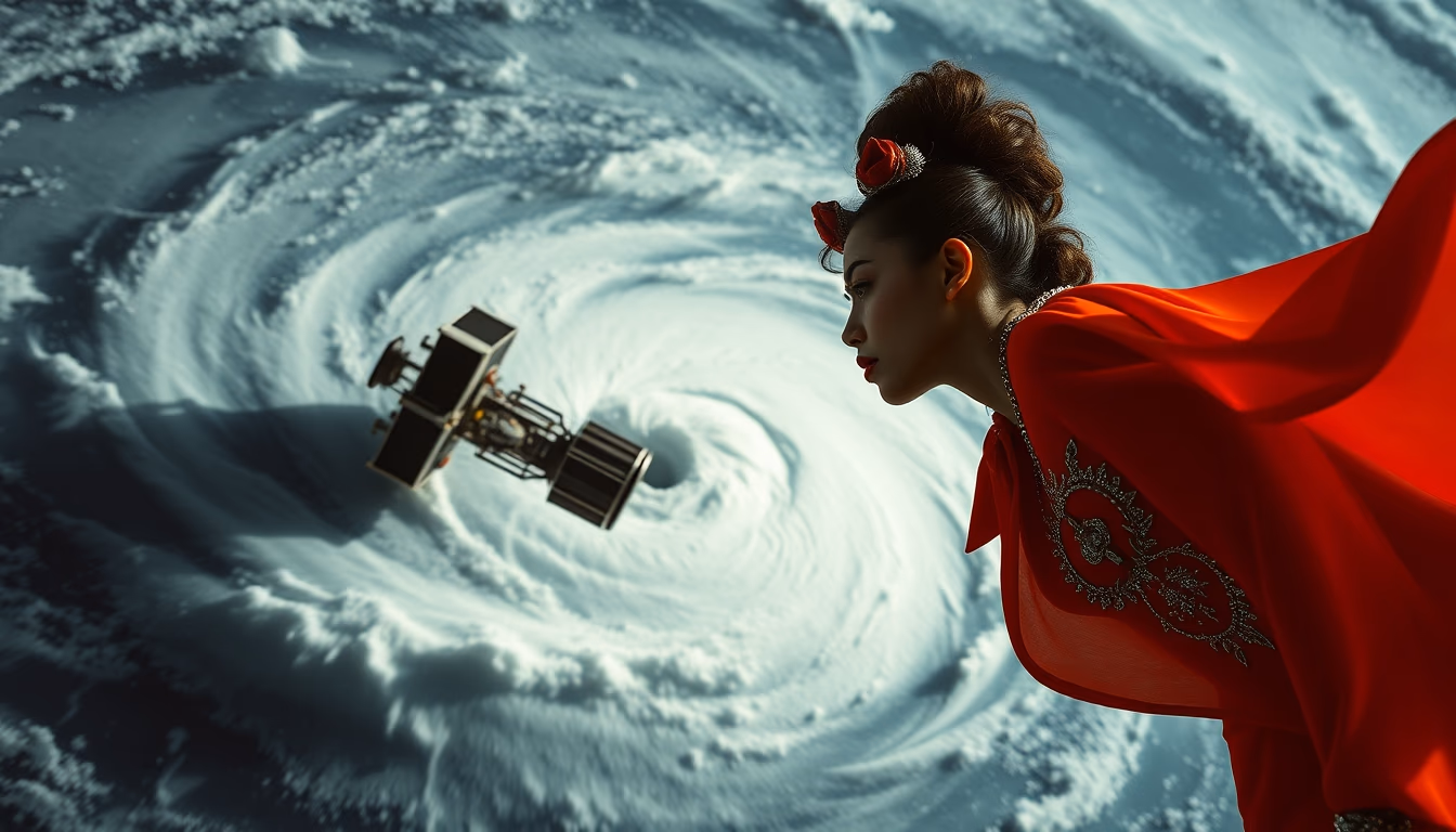 hurricane spiral satellite in editorial style