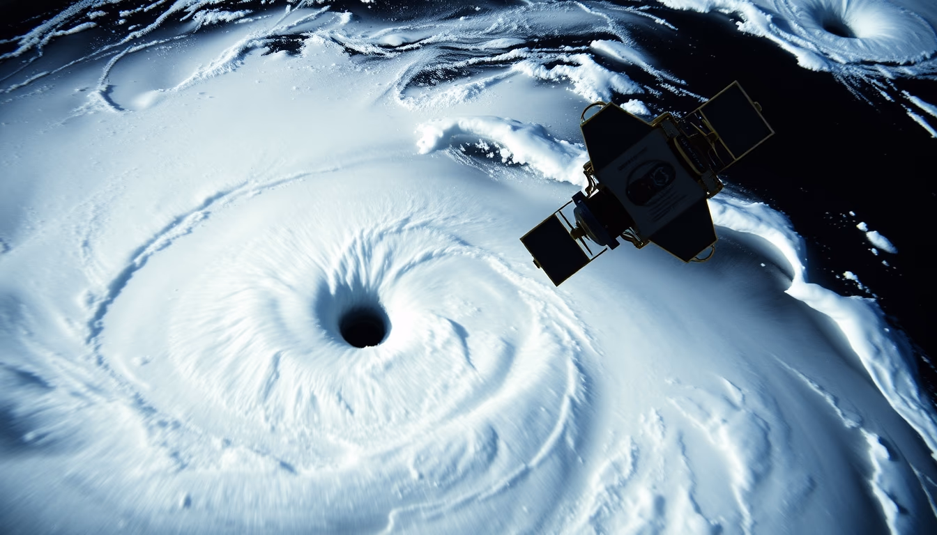 hurricane spiral satellite in editorial style