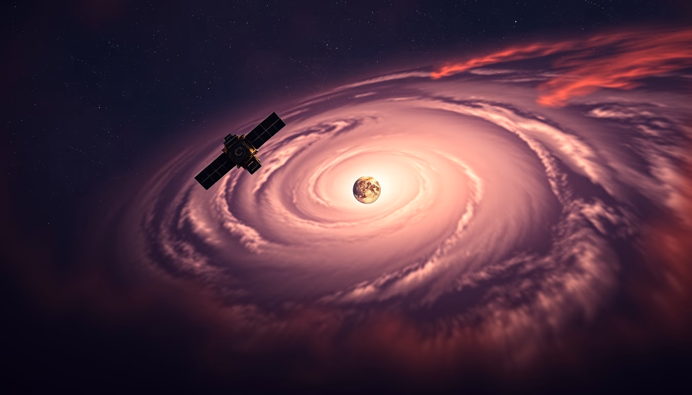hurricane spiral satellite in editorial style