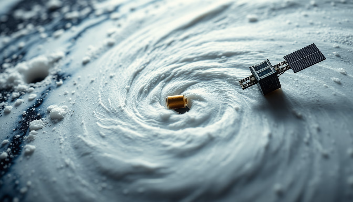 hurricane spiral satellite in editorial style