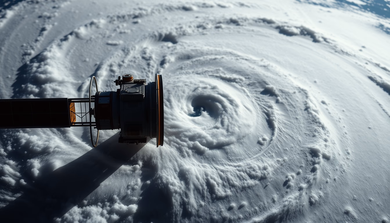 hurricane spiral satellite in editorial style