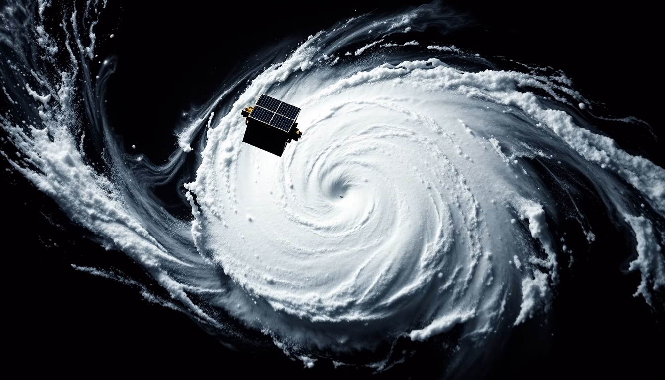 hurricane spiral satellite in editorial style