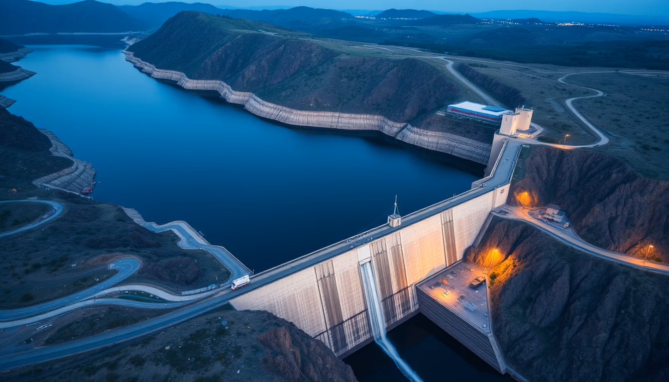 hydroelectric dam from above in editorial style
