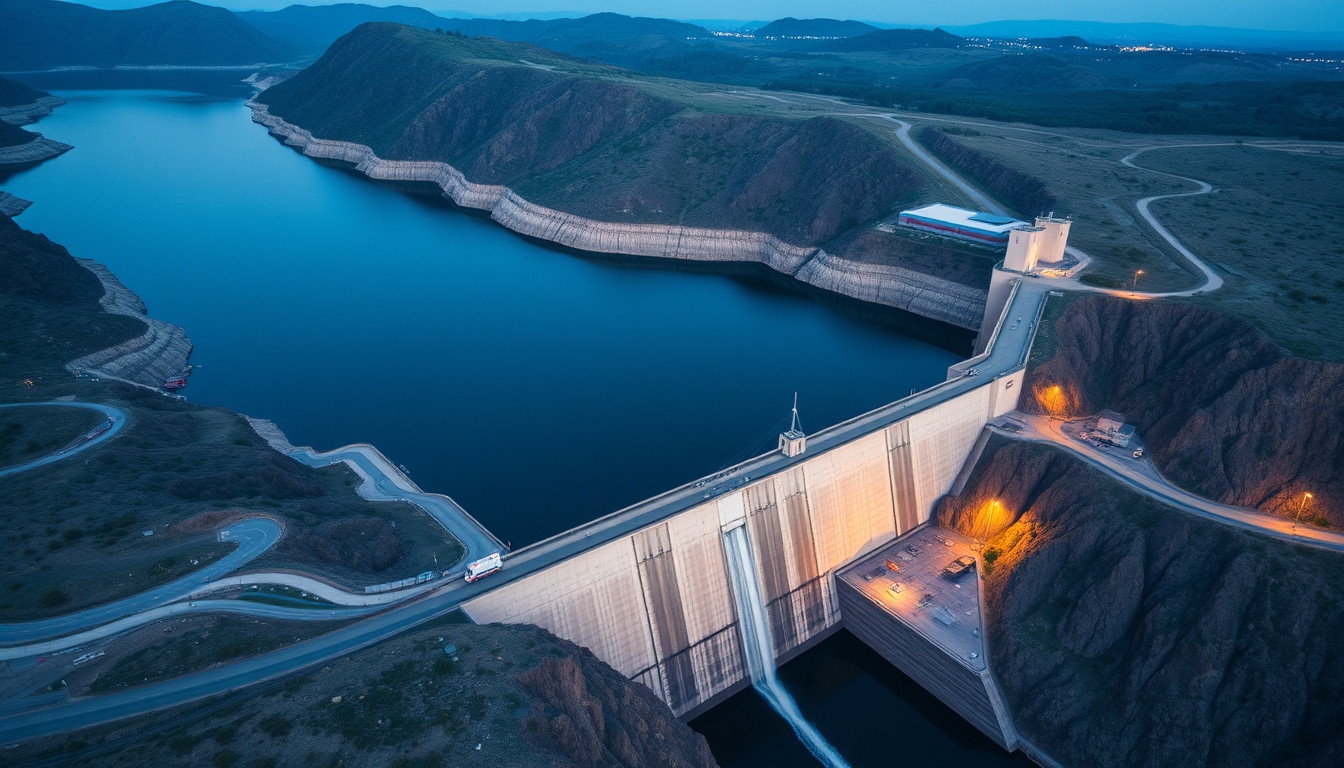 hydroelectric dam from above in editorial style
