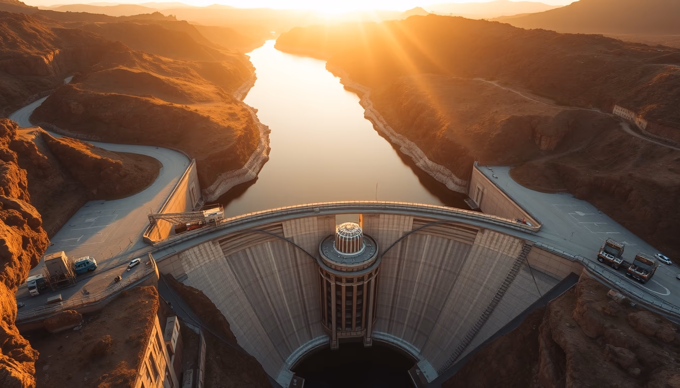 hydroelectric dam from above in editorial style