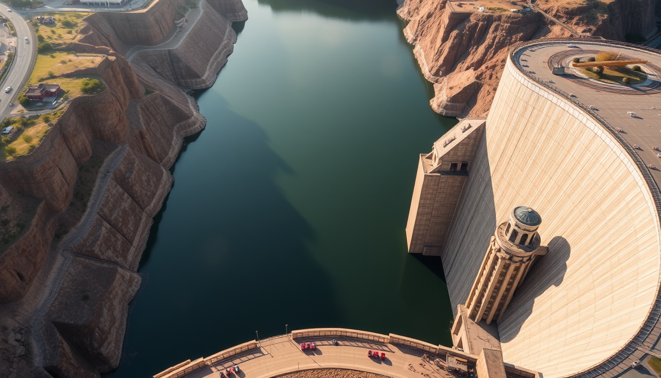 hydroelectric dam from above in editorial style