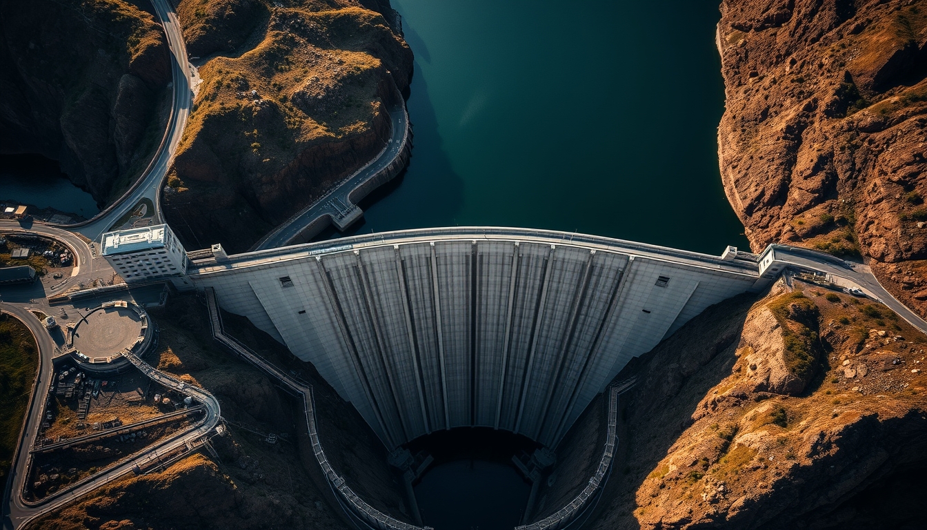 hydroelectric dam from above in editorial style