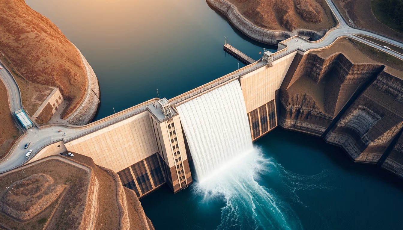 hydroelectric dam from above in editorial style