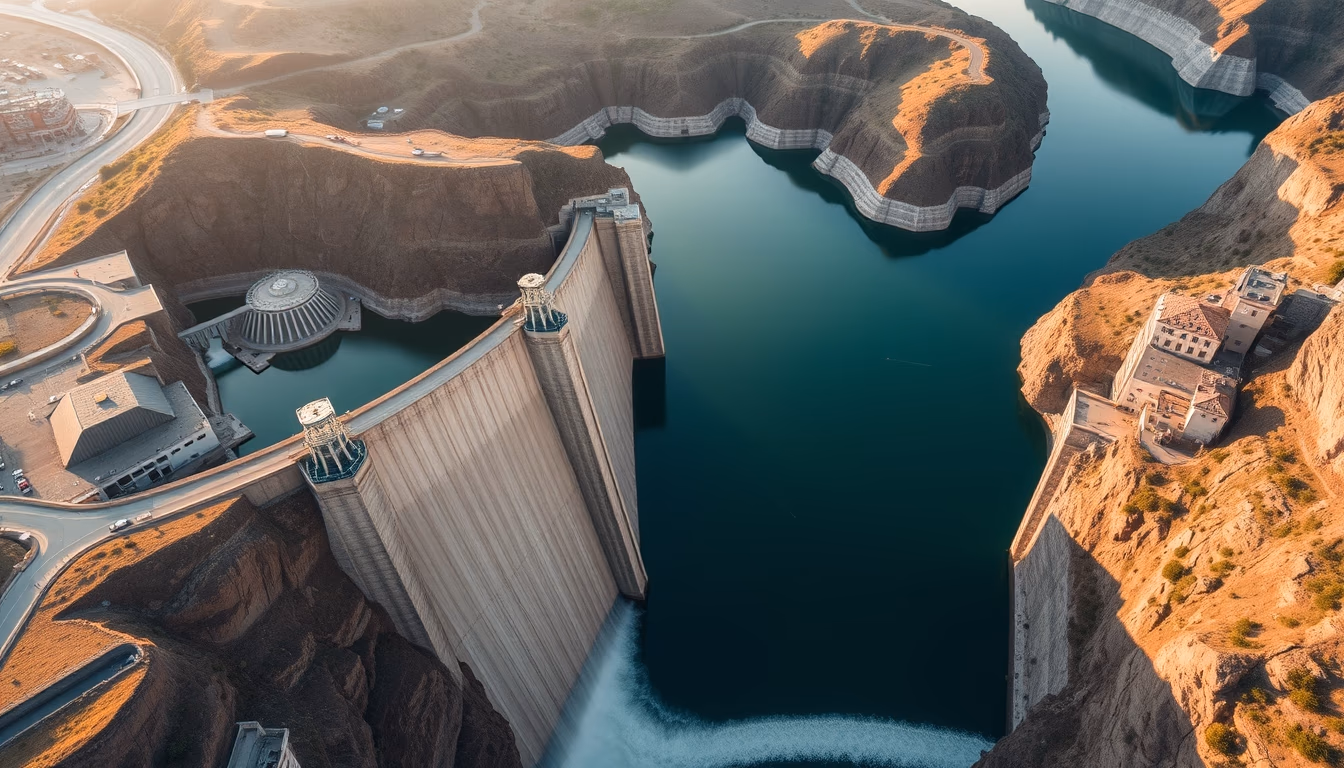hydroelectric dam from above in editorial style