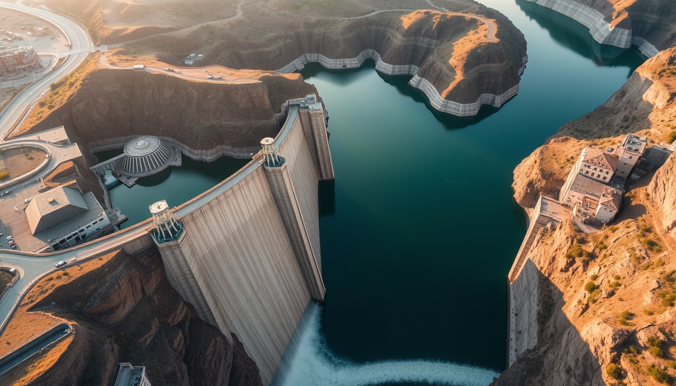 hydroelectric dam from above in editorial style