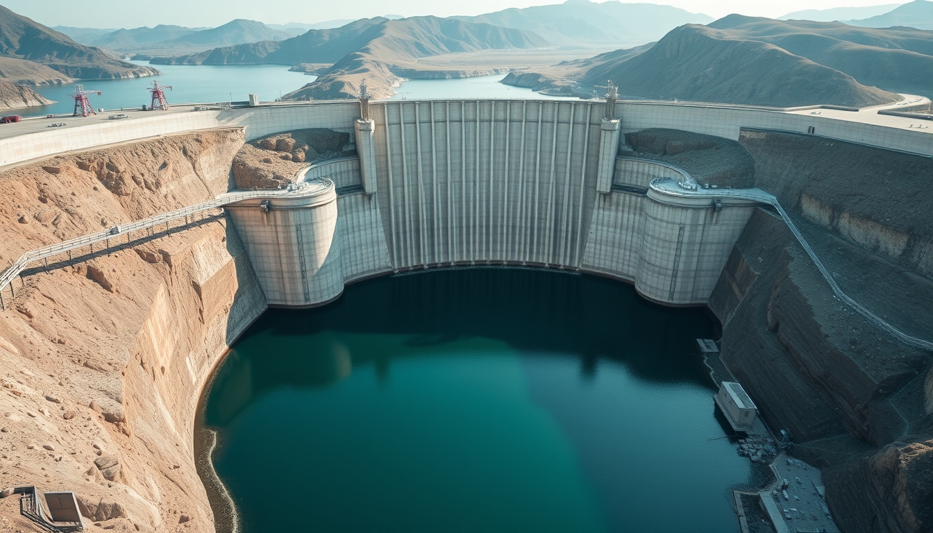 hydroelectric dam from above in editorial style