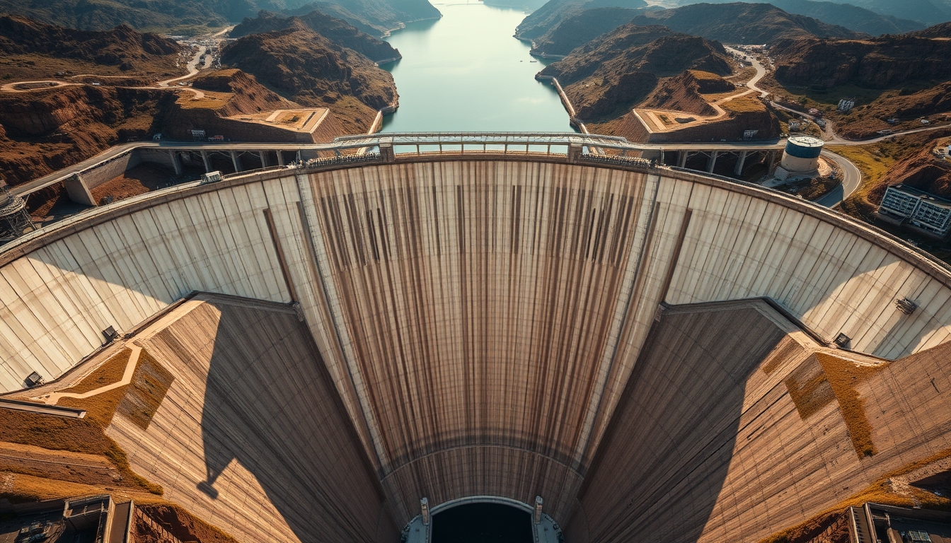 hydroelectric dam from above in editorial style