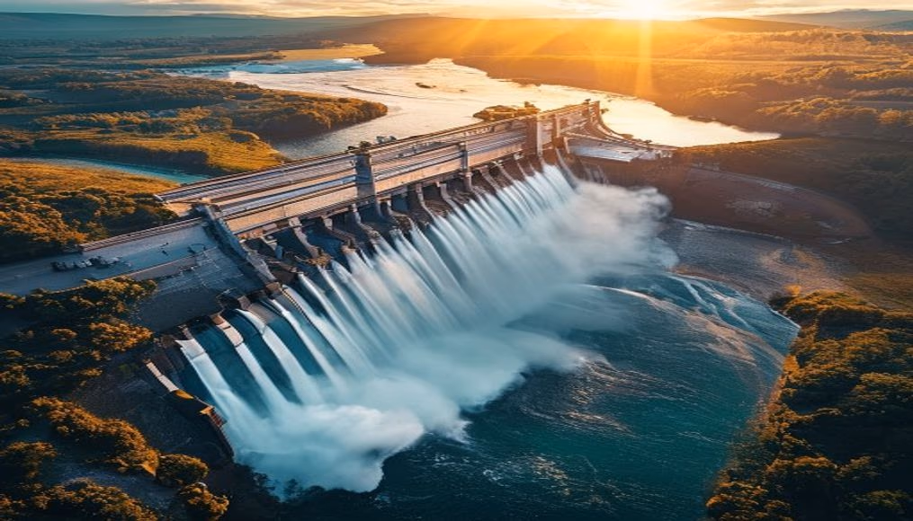 hydroelectric dam from above in editorial style