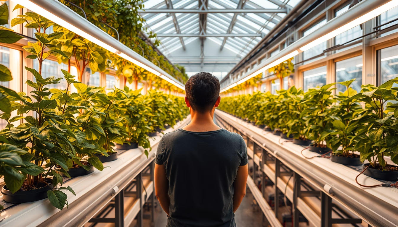 hydroponic vertical farm in editorial style