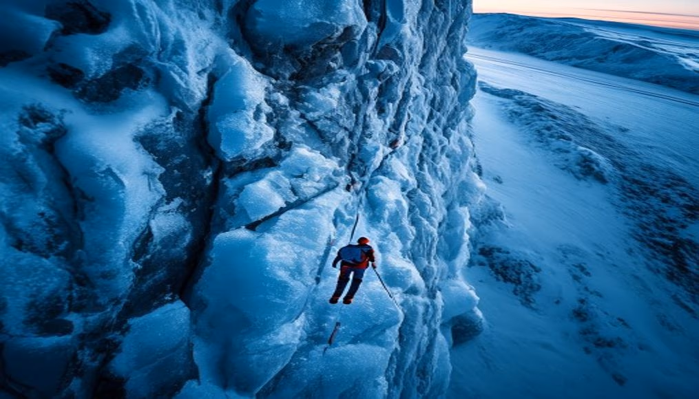 ice climbing wall in editorial style