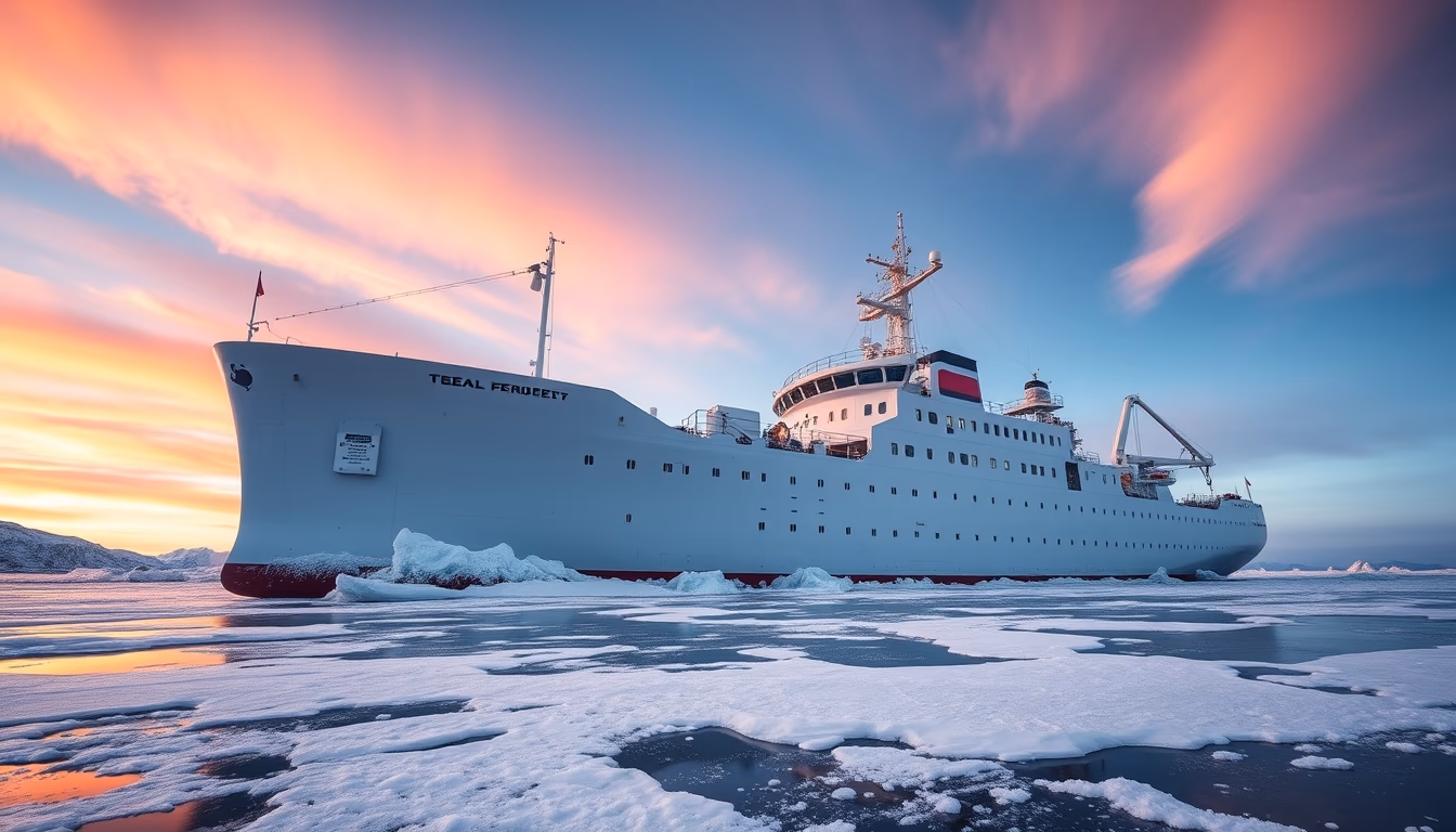 icebreaker arctic ship in editorial style