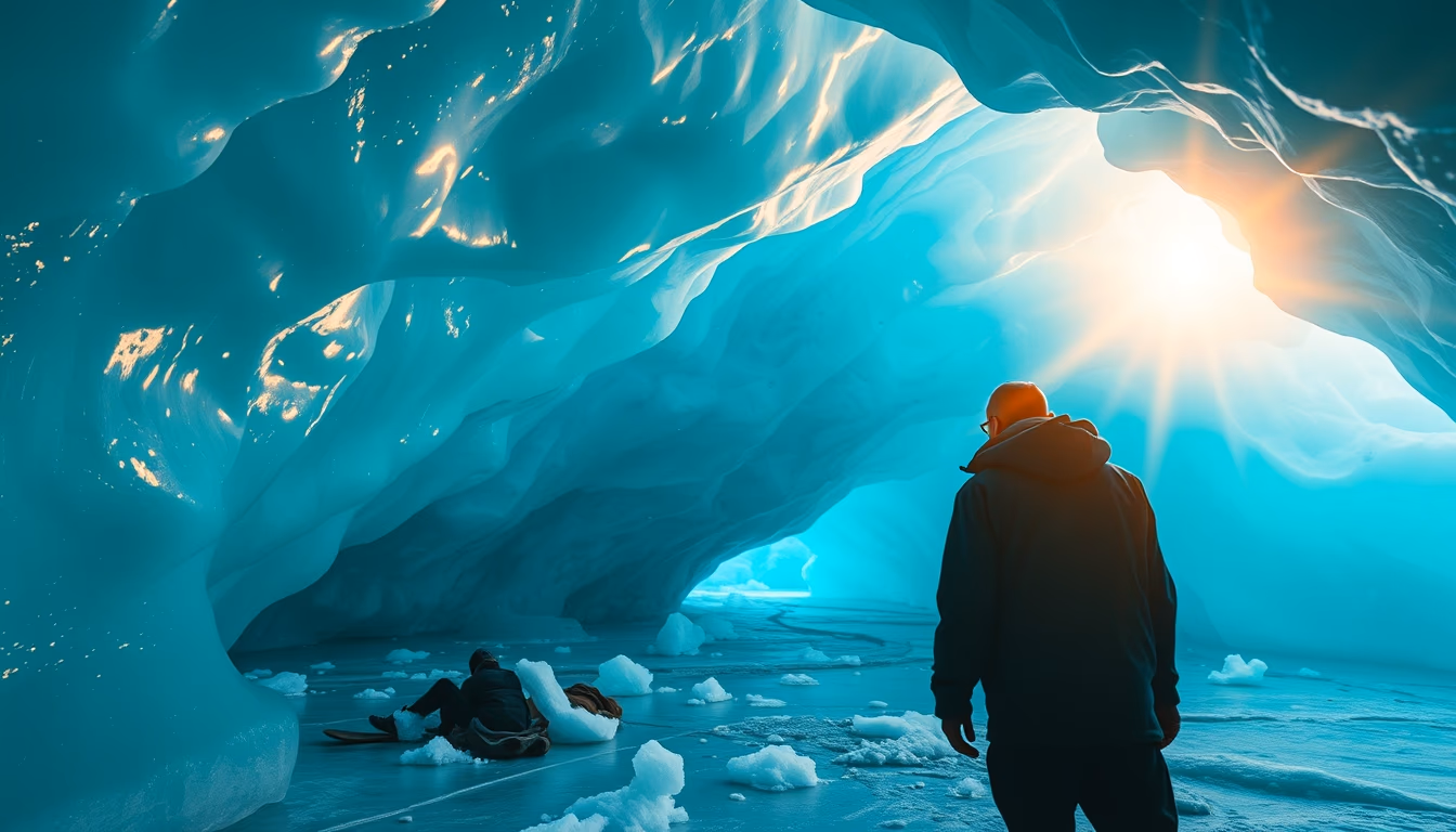 iceland glacier ice cave blue in editorial style