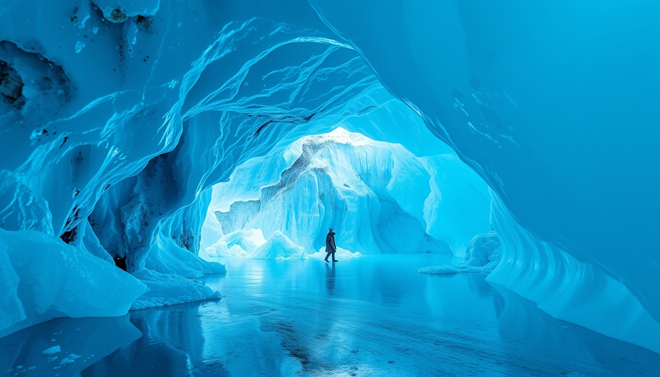 iceland glacier ice cave blue in editorial style