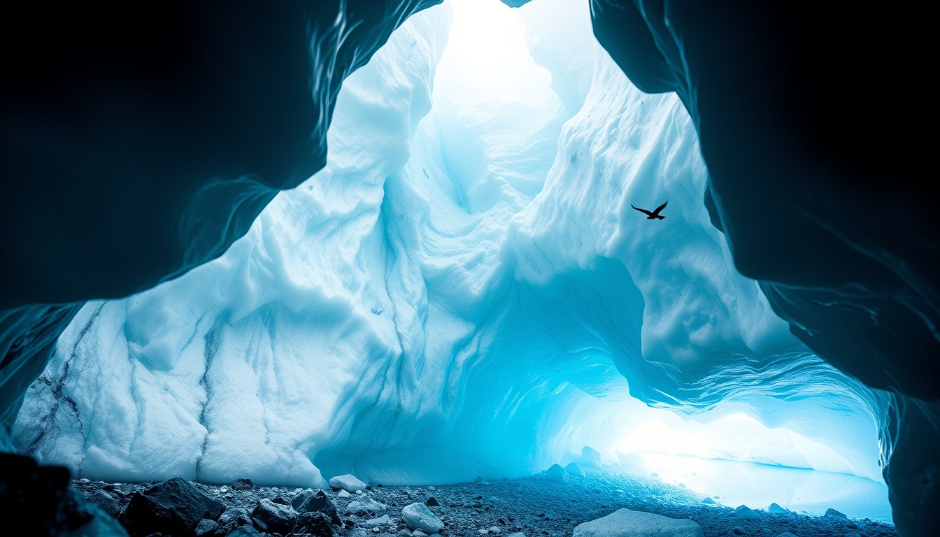 iceland glacier ice cave blue in editorial style