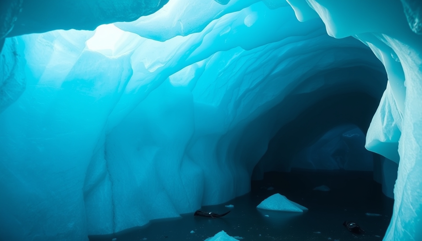 iceland glacier ice cave blue in editorial style
